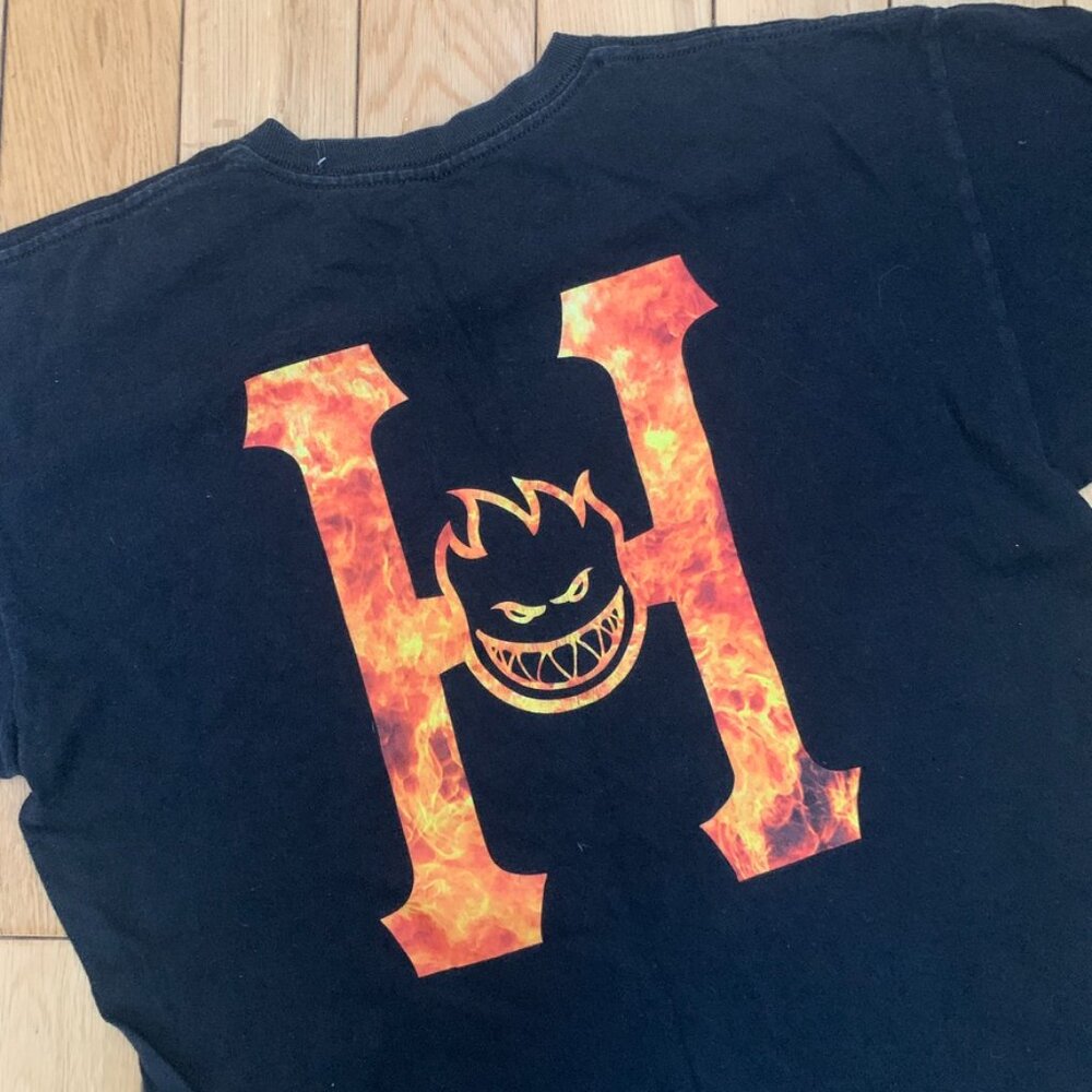 Vintage Y2K HUF Spitfire Logo Tee Shirt Men Medium Black Surfing Skating Biking